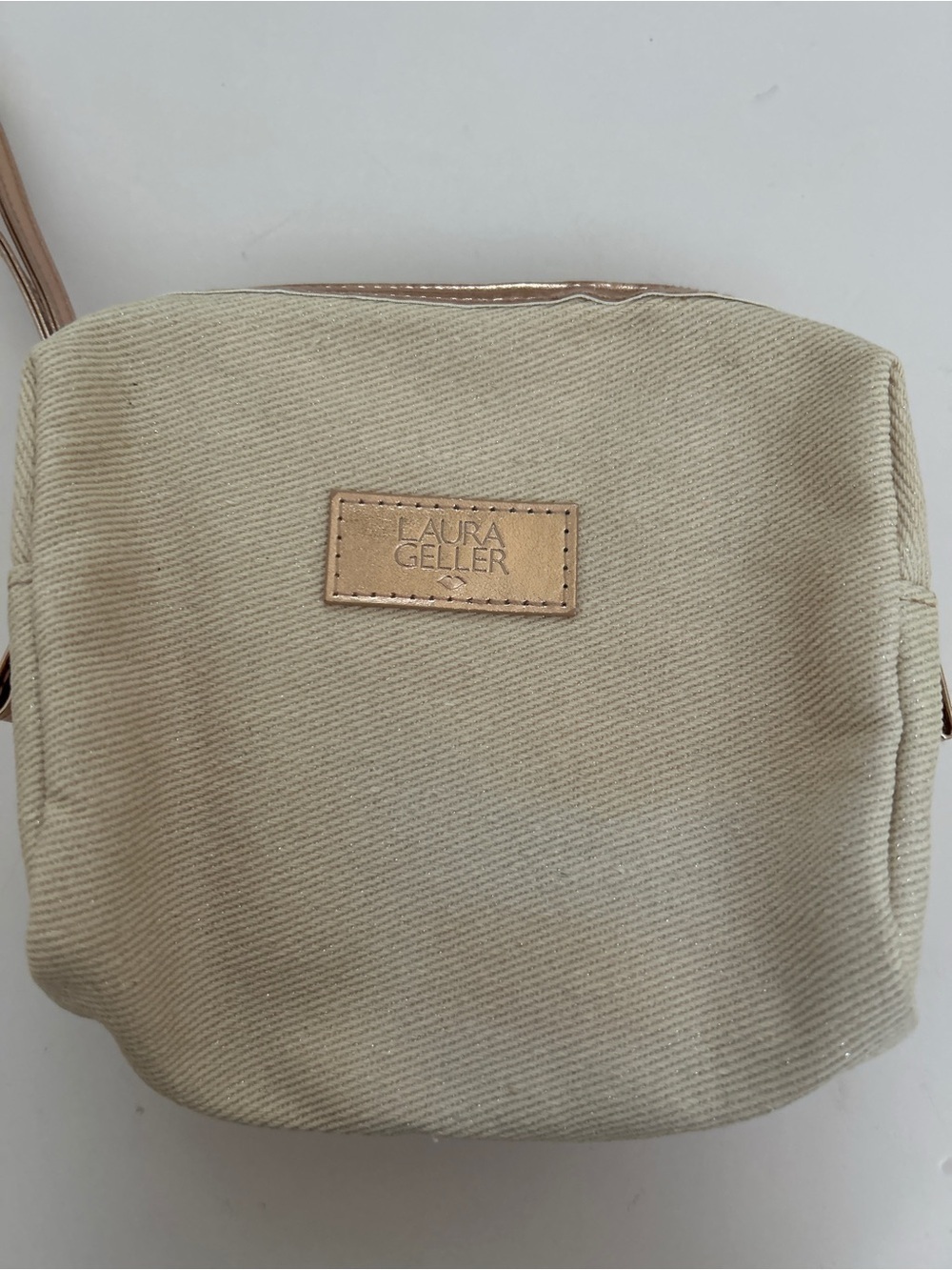 Laura Geller Shimmer Canvas Cosmetic Bag with Rose Gold Wristlet